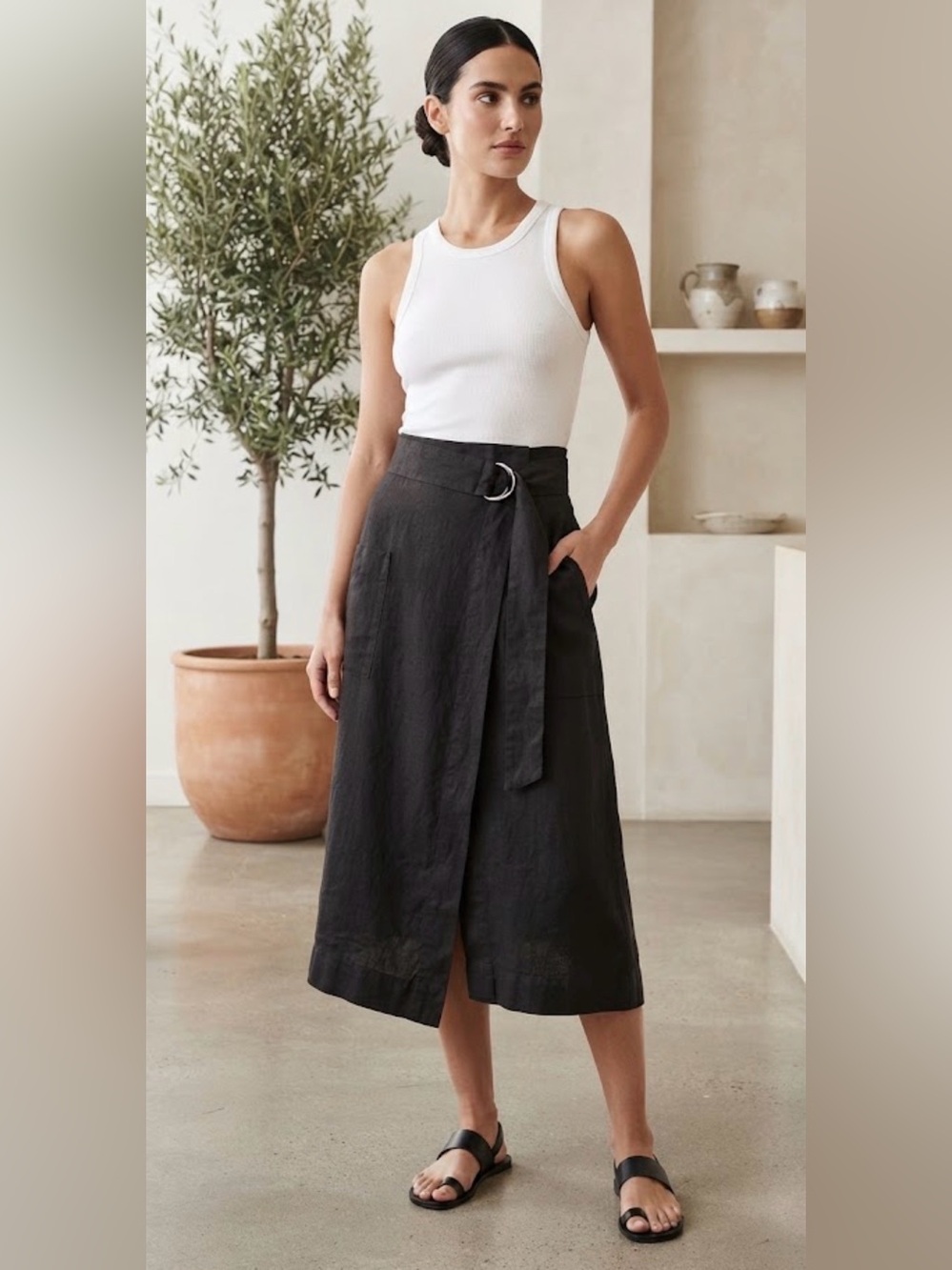 Modern Citizen Black Midi Wrap Skirt with D-Ring Belt